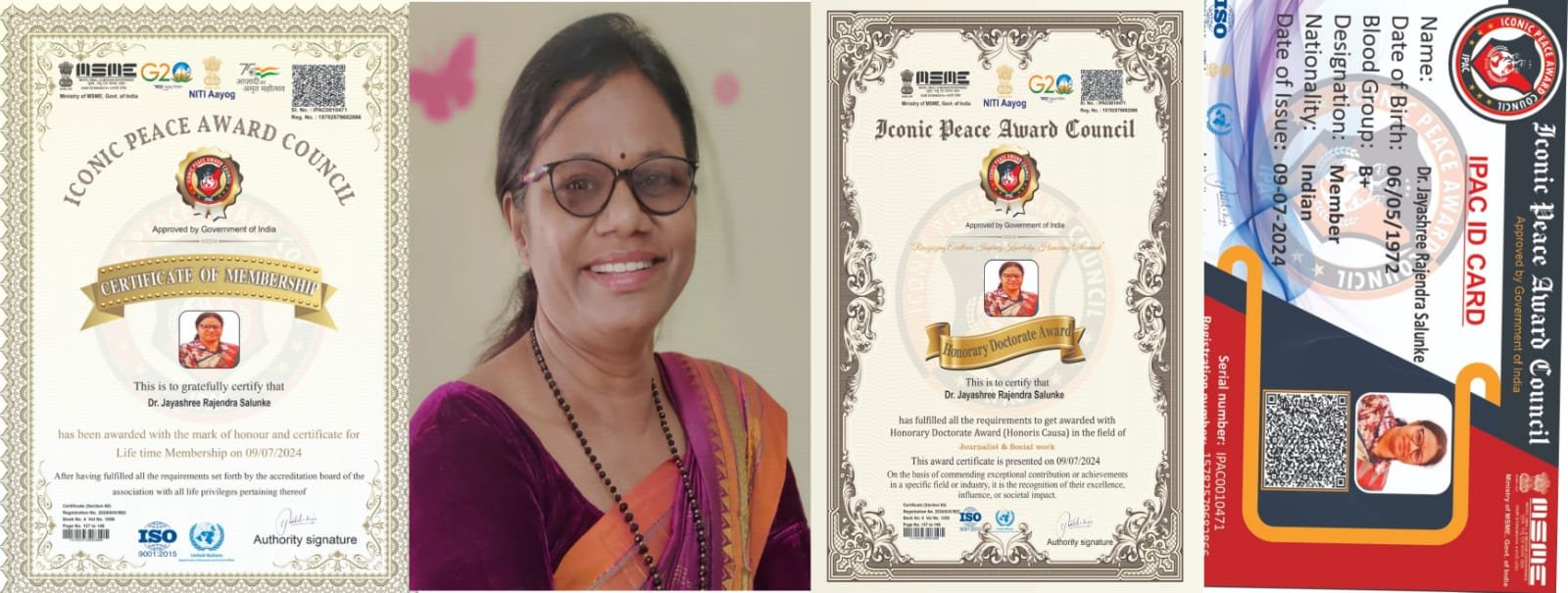 डॉक्टरेट पदवी प्रदान …सामाजिक आणि पत्रकारिता क्षेत्रातील अतुलनीय कामगीरी बद्दल आयकॉनिक पिस अवार्डने डॉक्टरेट पदवी प्रदान(भारत सरकार प्रणित)… हा आहे 59 वा सर्वोच्च सन्मान …