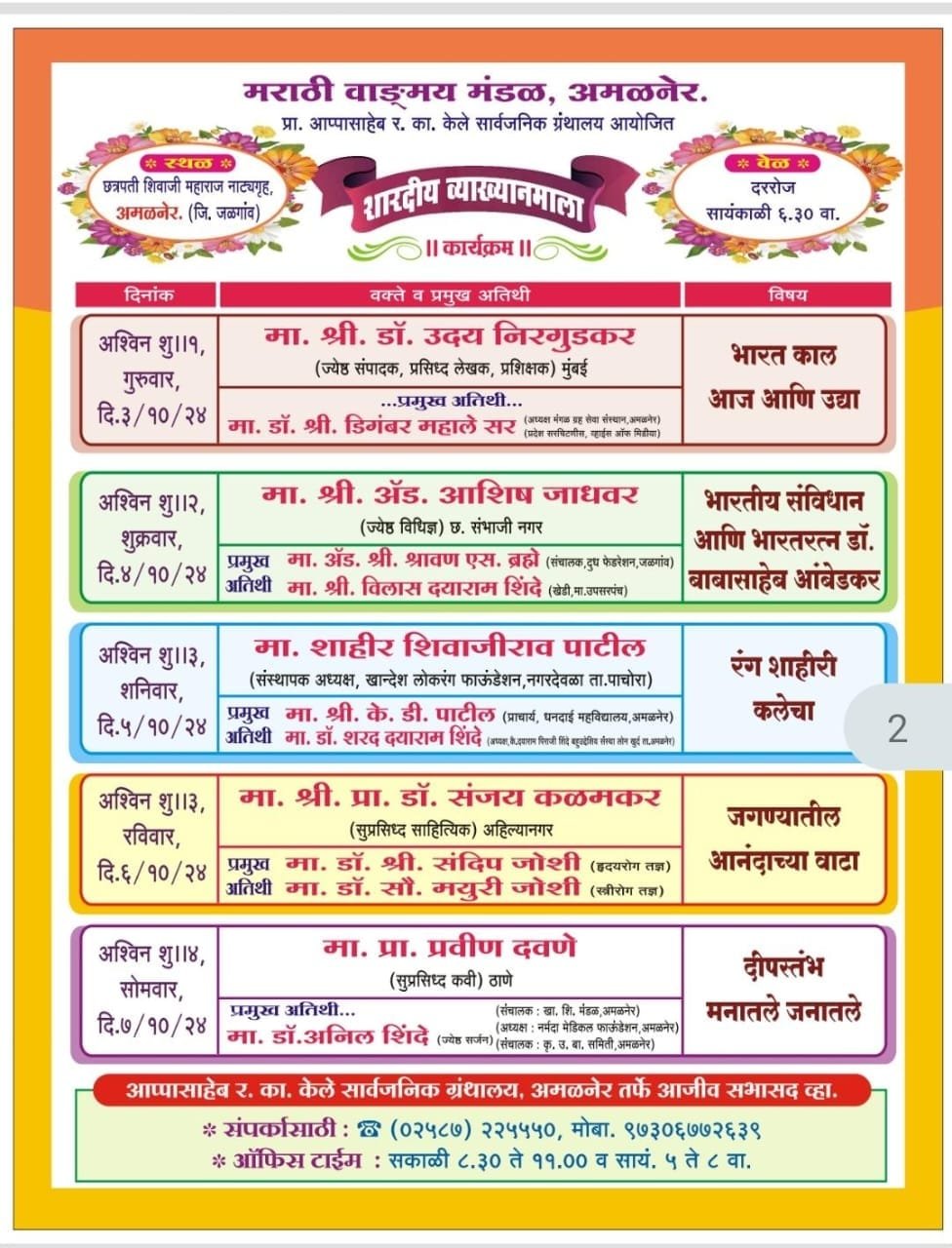 अमळनेर येथे 3 ऑक्टोबर पासून शारदीय व्याख्यानमाला.