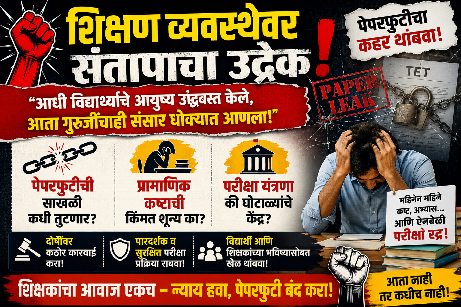 टीईटी पेपरफुटीने शिक्षण व्यवस्थेला हादरा; विद्यार्थ्यांनंतर आता शिक्षकांच्या भविष्यावरही प्रश्नचिन्ह! ,  परीक्षा पुढे ढकलल्याने शिक्षक उमेदवारांमध्ये संताप व निराशा; पारदर्शक, सुरक्षित परीक्षा व्यवस्थेची वाढती मागणी • ‘दोषींवर कठोर कारवाई करा’, विविध क्षेत्रातील मान्यवरांचा एकमुखी सूर